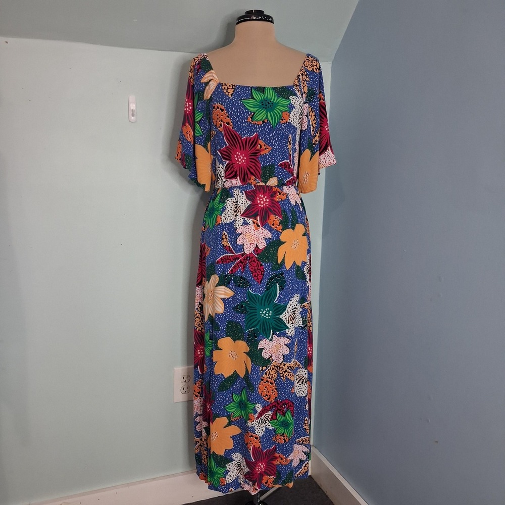 Soft Surroundings Tropical Floral Leopard Print Smocked Maxi Dress Blue Small